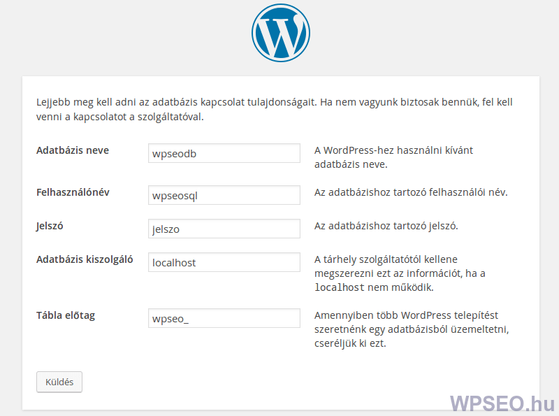 WordPress adatbázis beállitás